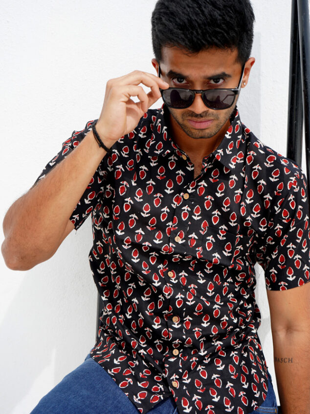 Vihaan -  hand block ajrakh dabu printed half hand cotton shirt in black and red