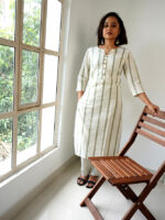 Naisha co -ords - Handloom linen cotton striped kurta set in white