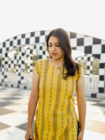 Trisha - handloom cotton  with handwoven buttas and ruffled sleeves kurta set in yellow
