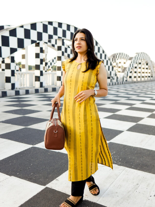 Trisha - handloom cotton  with handwoven buttas and ruffled sleeves kurta set in yellow