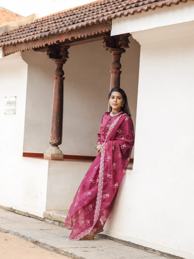 Vanathi  - modal satin silk kurta set with netted dupatta with hand work in wine