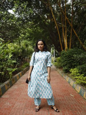 Sana blue - Floral cotton kurta  with abstract printed pleated pants in blue