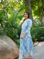 Anusha - hand block  floral printed cotton kurta set in indigo blue
