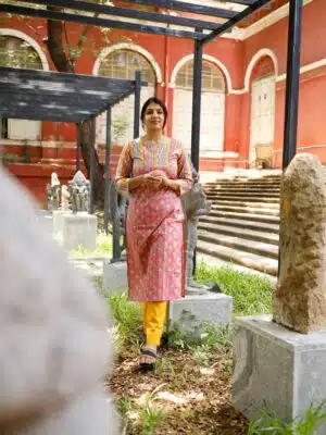 Anugraha -  hand block printed  floral and kheri cotton kurta set in pink and yellow