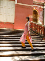 Anugraha -  hand block printed  floral and kheri cotton kurta set in pink and yellow
