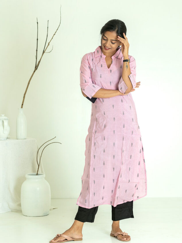 Illakiya - Chanderi silk cotton kurta set   with hand woven buttas in baby  pink