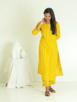 Urva coord- Handloom  cotton with hand woven buttas and striped  coord set in  mustard yellow (feeding friendly)