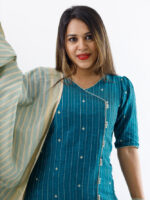 Mynaa(blue) -  Handloom cotton with hand woven matte gold buttas suit set in blue