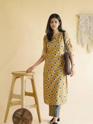 Aahna - hand block  ajrakh motfis printed  cotton kurta set in mustard yellow