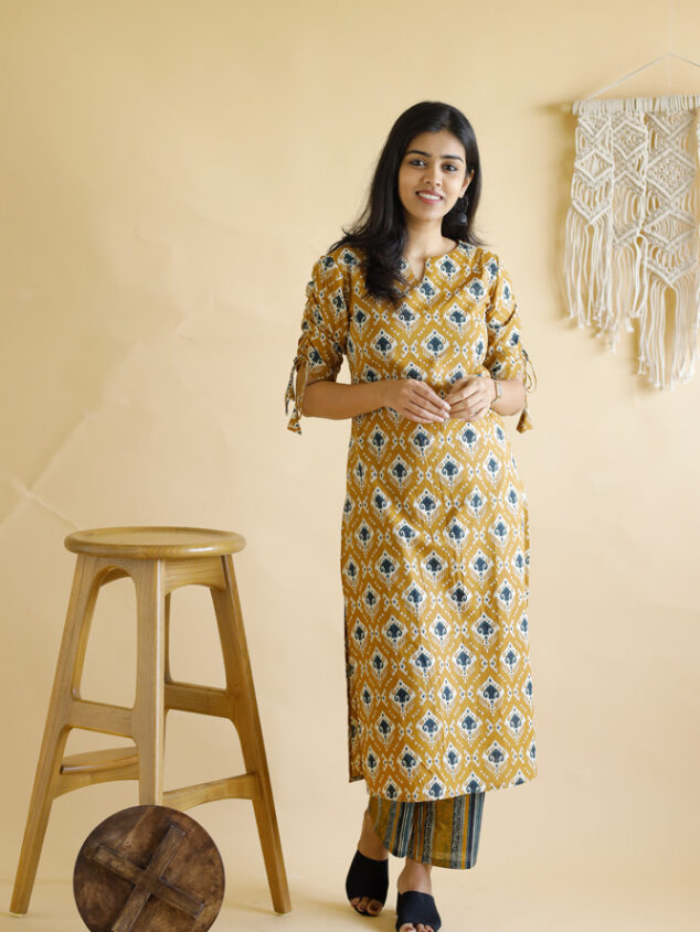 Aahna - hand block  ajrakh motfis printed  cotton kurta set in mustard yellow