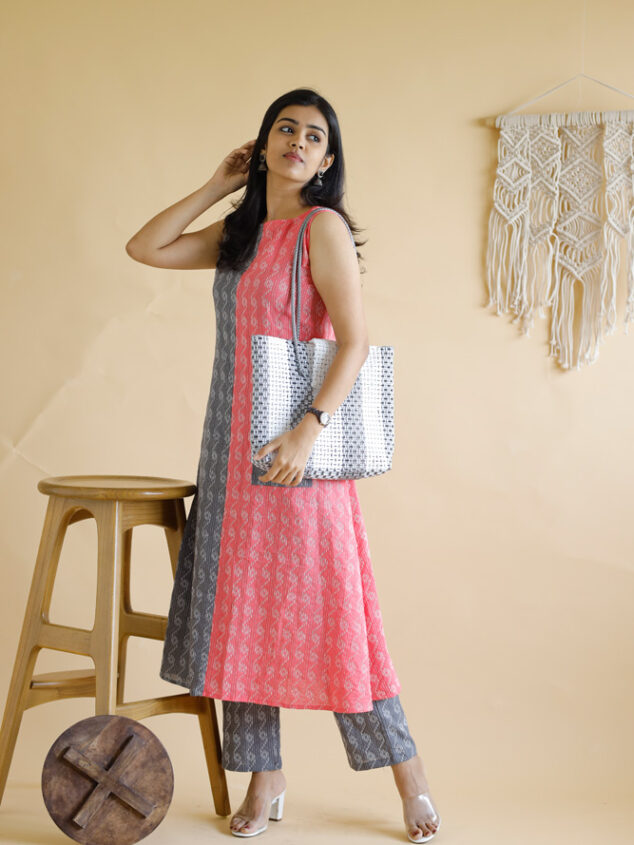 Abhilasha - handwoven kantha embroidered cotton cord set in grey and pink