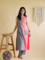 Abhilasha - handwoven kantha embroidered cotton cord set in grey and pink