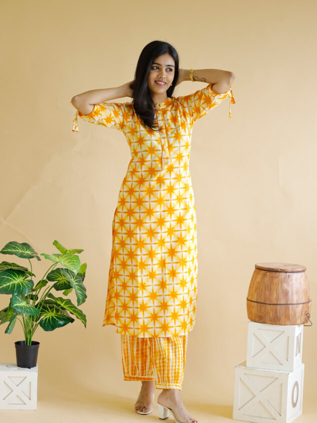 Iyla - shibori printed cotton kurta set in yellow