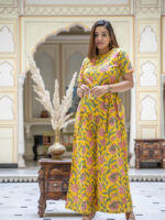 Yellow Floral Flair Jumpsuit- floral handblock printed organic cotton jumpsuit with floral belt in yellow