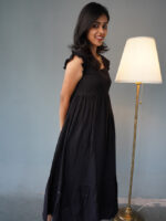 Amelia -Handloom dobby with ruffled sleeves dress in black