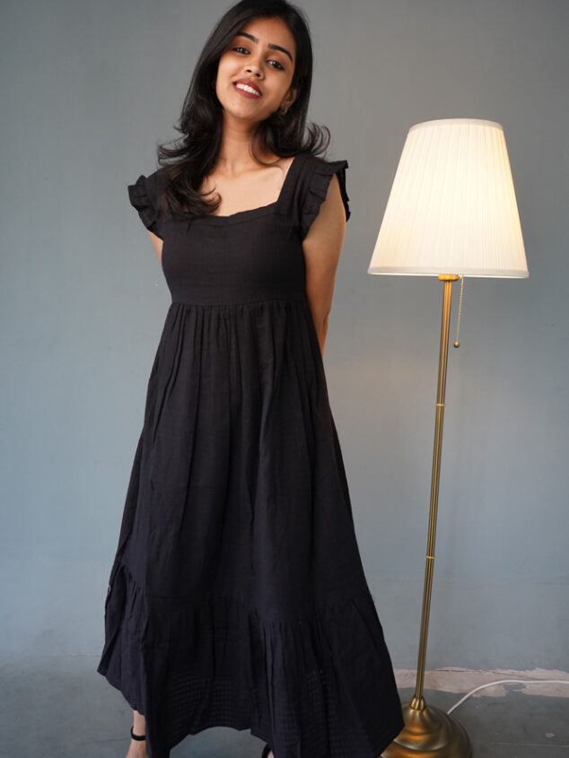 Amelia -Handloom dobby with ruffled sleeves dress in black