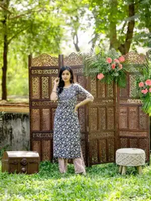 Damini -Floral hand block printed cotton kurta  with abstract floral printed trousers in navy blue and pink