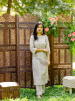 Aditi -  bandhani handblock printed with  zari hand embroidered cotton kurta set in cement grey