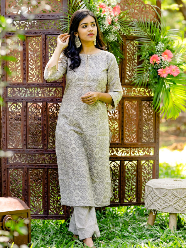 Aditi -  bandhani handblock printed with  zari hand embroidered cotton kurta set in cement grey