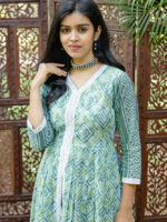 Dhwani - bandhani printed cotton anarkali suit set in green
