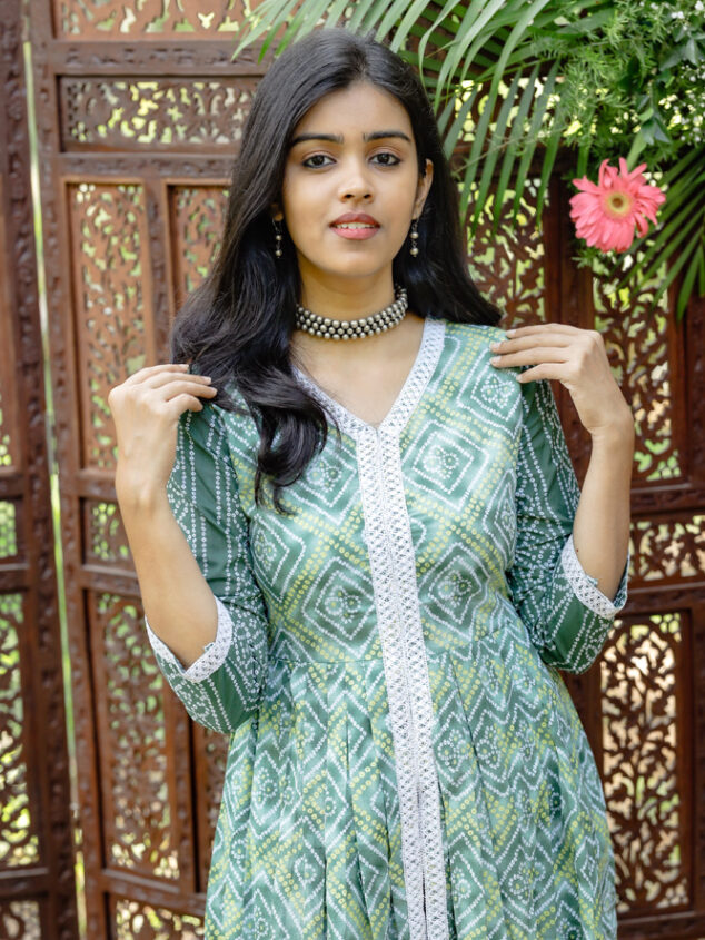 Dhwani - bandhani printed cotton anarkali suit set in green