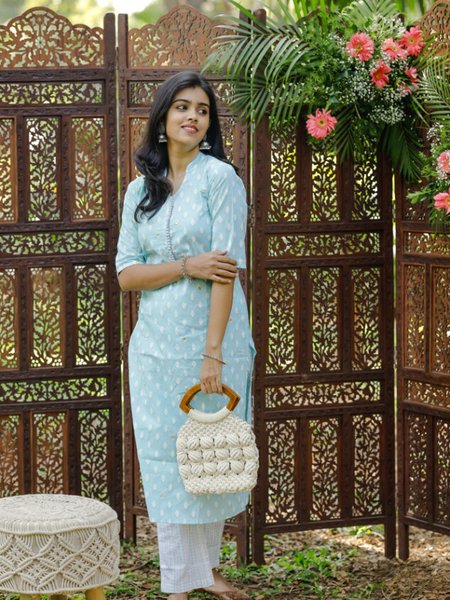 Hithaa-  motifs printed cotton kurta set in pastel blue