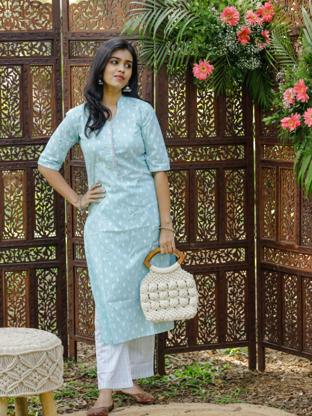 Hithaa-  motifs printed cotton kurta set in pastel blue