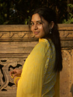 Agni - Floral handblock printed cotton suit set   in Lemon yellow with yellow chiffon dupatta