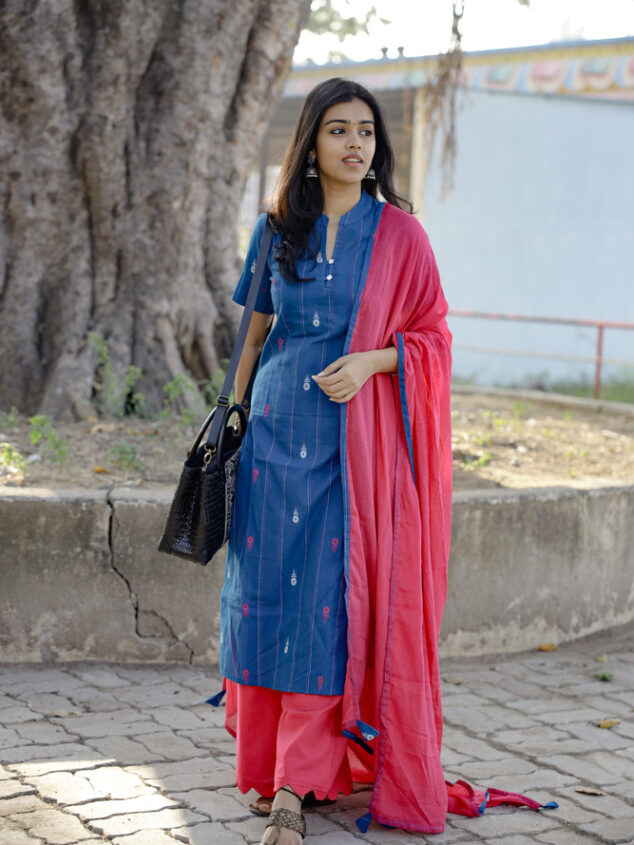 Samiha - handloom cotton with hand woven buttas suit set with palazzo pants in blue and magenta