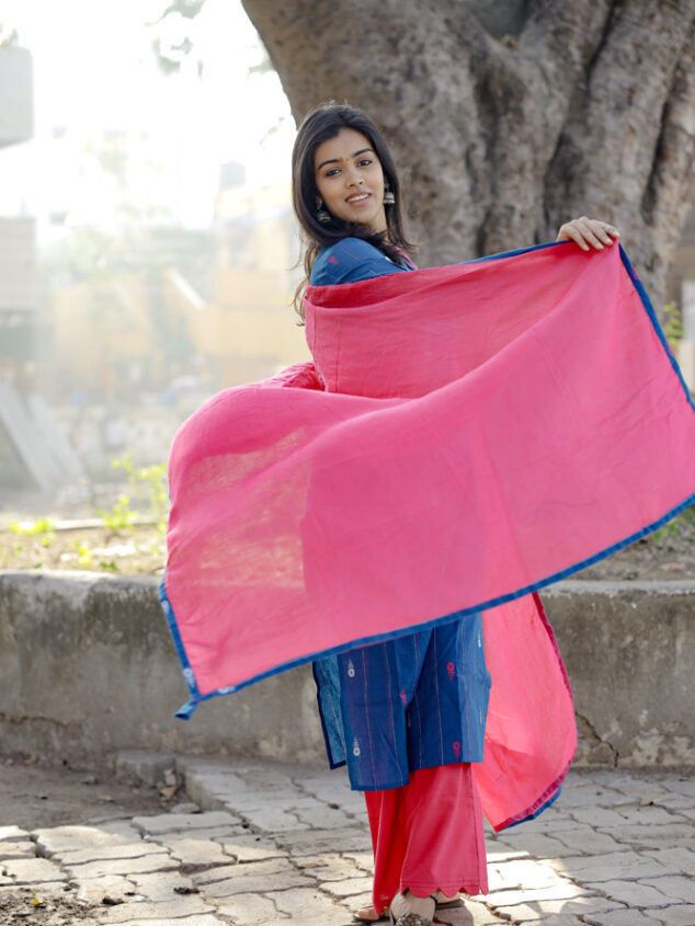 Samiha - handloom cotton with hand woven buttas suit set with palazzo pants in blue and magenta