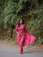 Nardana pink -  ikkat cotton suit set in pink with kota doria dupatta with Ikkat potli tassels