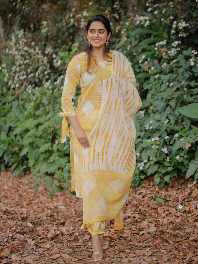 Tulya - hand block organic angrakha printed cotton  kurta set in yellow