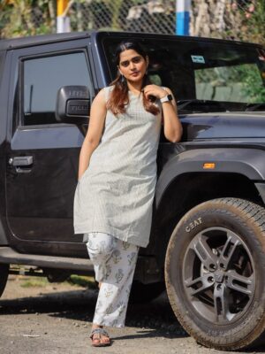 Barkha coord set -hand block cotton printed kurta set with mughal butta printed trousers in grey and white