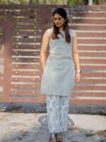 Barkha coord set -hand block cotton printed kurta set with mughal butta printed trousers in grey and white