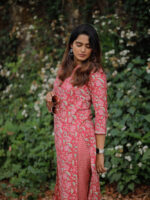 Thrisaa - floral hand block  khadi printed cotton kurta set in hot pink