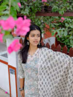 Anika -  hand block floral  printed organic cotton  with  mild  embroidery suit set   with matching dupatta