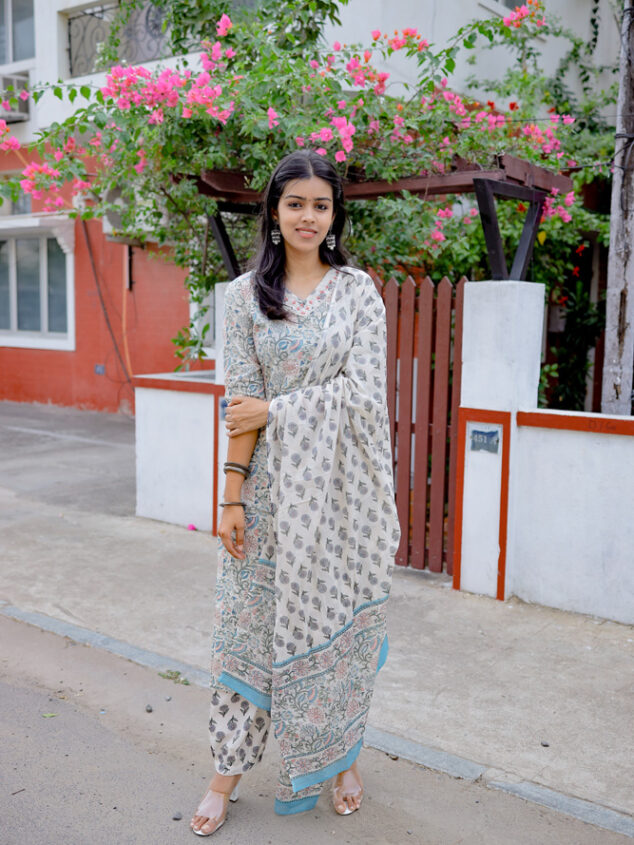 Anika -  hand block floral  printed organic cotton  with  mild  embroidery suit set   with matching dupatta