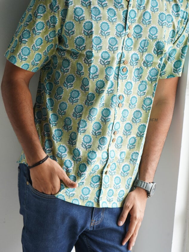 Shirt - 11 -  handblock sunflower printed organic cotton shirt in blue and green