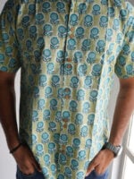Shirt - 11 -  handblock sunflower printed organic cotton shirt in blue and green
