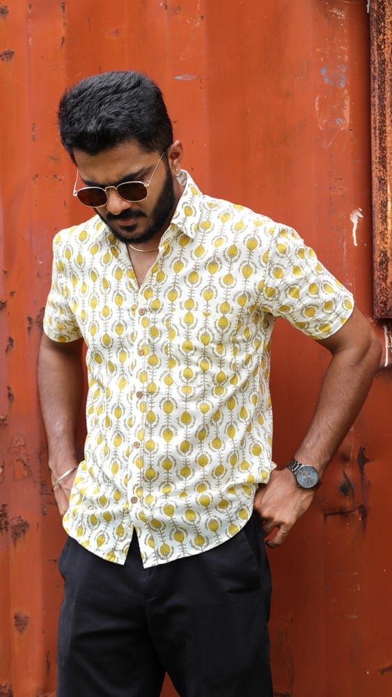 Shirt - 7 -   handblock  abstract ajrakh floral printed organic cotton shirt in yellow