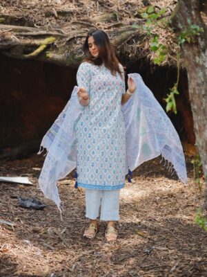 Mahathi - hand block printed floral motifs cotton suit set in white and blue with kota doria dupatta