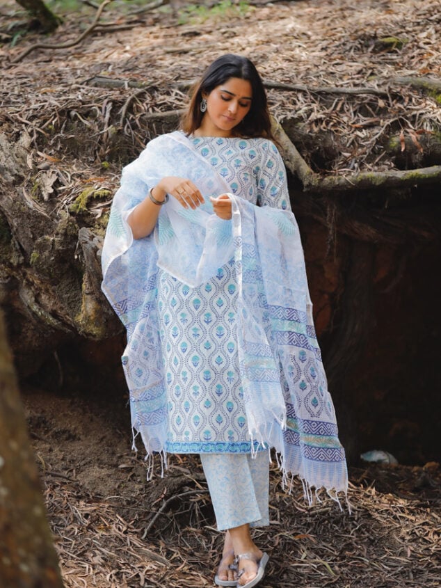 Mahathi - hand block printed floral motifs cotton suit set in white and blue with kota doria dupatta