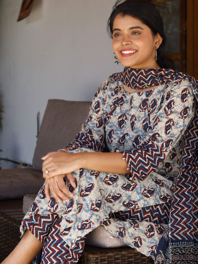 Svara suit set - hand block kheri printed cotton suit set in Indigo and maroon with matching dupatta