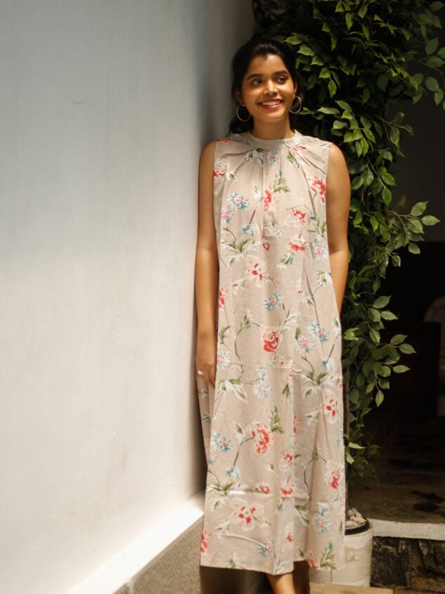 Agatha - organic cotton with hand block printed dress in beige