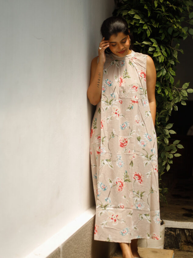Agatha - organic cotton with hand block printed dress in beige