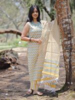 Saanvi - hand block printed floral motifs cotton suit set in yellow and blue with kota doria  dupatta