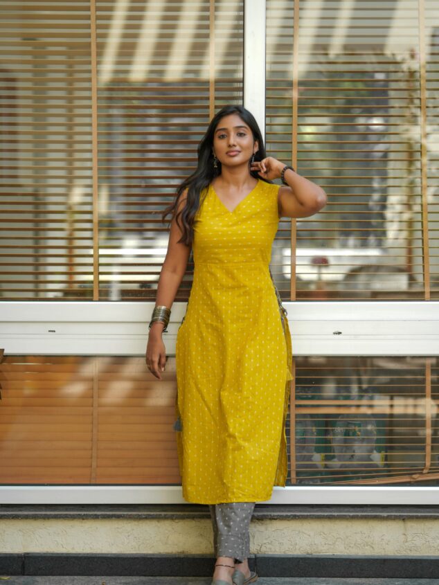 Poorva coords (Yellow grey combo) - Handloom cotton kurta set with handoven buttas and  fancy tassels in yellow and grey
