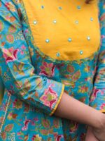 Ilyana - blue & yellow anarkali cotton suit set with mirror work with chiffon dupatta with tassels