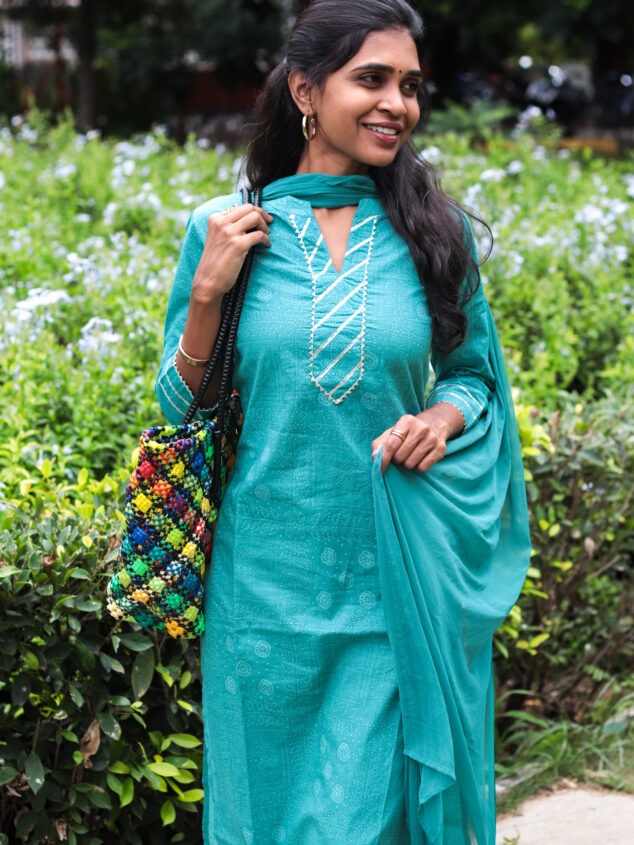 Aarna (pastel green)-  handblock  bandhani printed cotton kurta set in pastel green