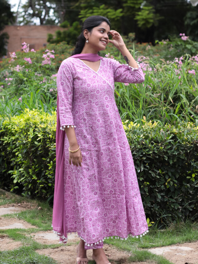 Padmashri - pink anarkali cotton suit set with chiffon dupatta with tassels